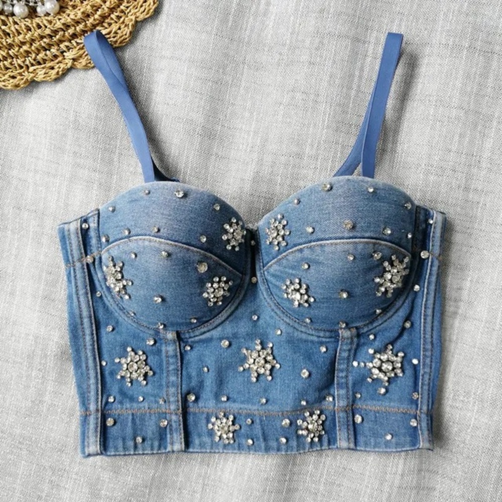 Kaylee Kollection Denim Rhinestone Corset Spring Top